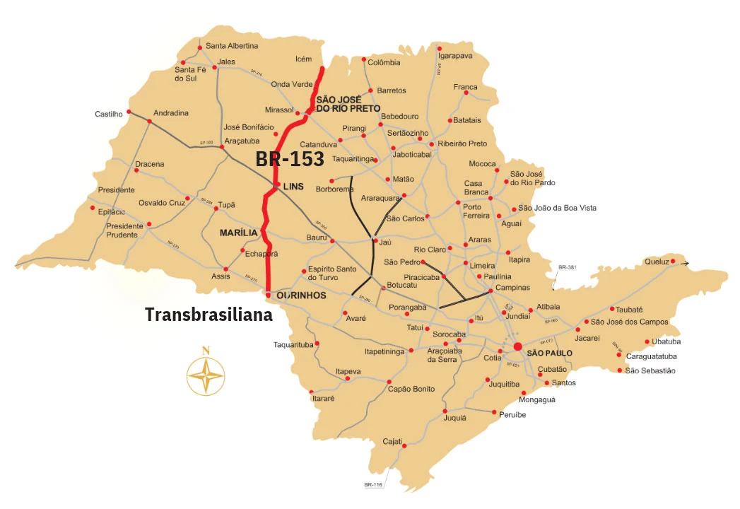 Mapa do estado de São Paulo com a localização da BR-153