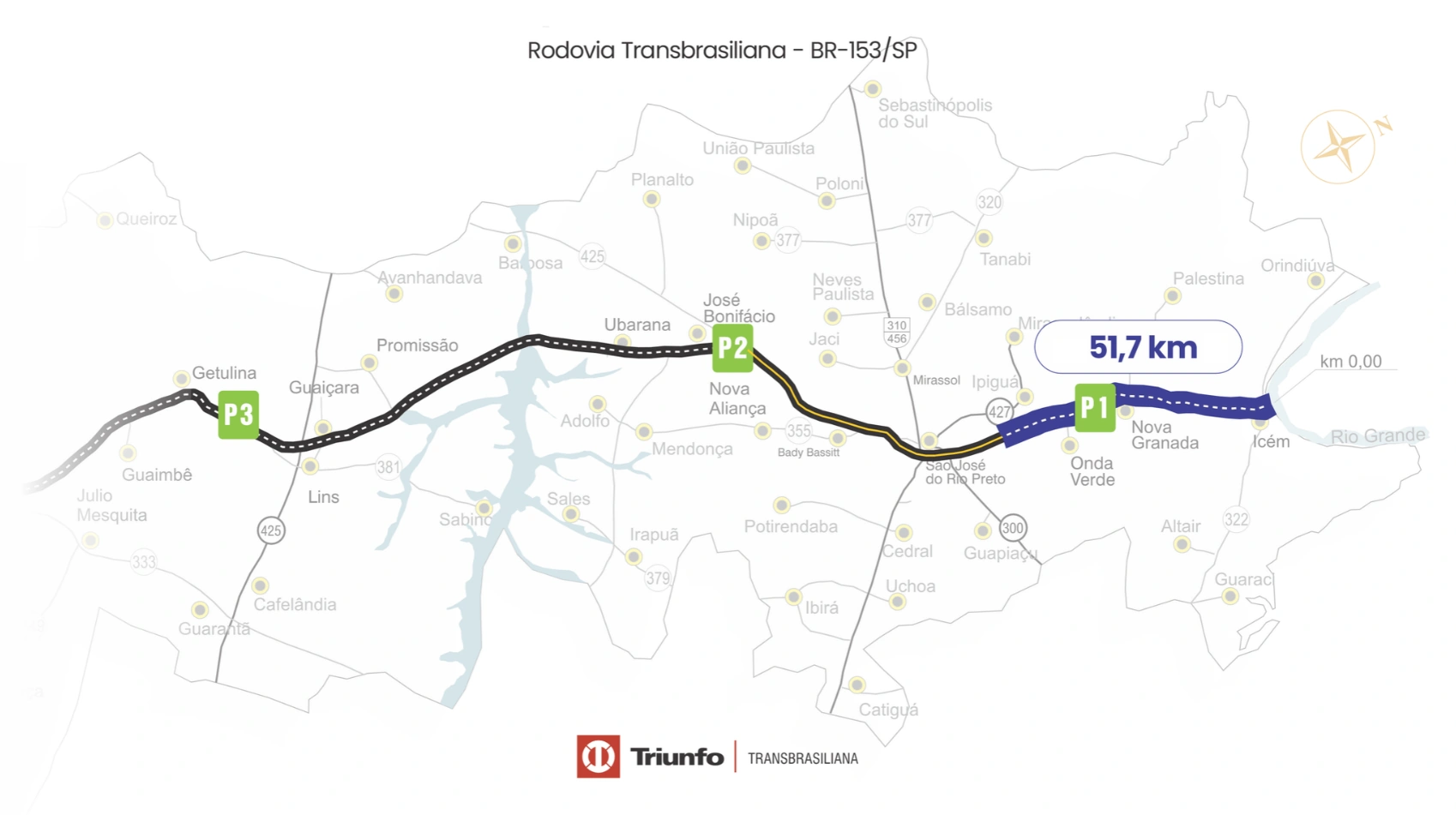 Mapa da Rodovia Transbrasiliana BR-153/SP com o trecho de 51,7 km da duplicação entre Icém e São José do Rio Preto